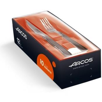 Arcos Serie Cuchillos de Mesa, Juego 12 uds Cuchillo Chuletero, 6 uds. + Tenedor, 6 uds., Hoja Serrada de Acero Inoxidable Nitrum de 110 mm, Mango Monoblock Acero Inoxidable Nitrum Color plata