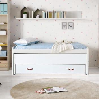 Cama Compacta 105cm Blanca con Dos Somieres, Colchones y Cajones de Aglomerado