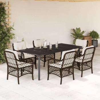 7-Piece Brown Poly Rattan Garden Dining Set with Cushions