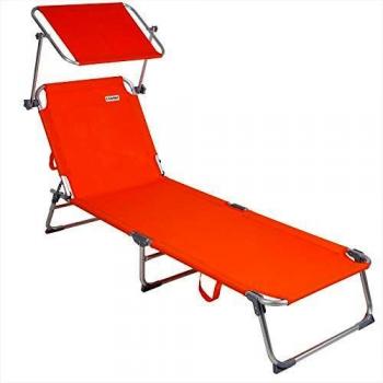 Tumbona de Playa Plegable Ibiza Naranja Aluminio con Canopy, 190x59cm, capacidad hasta 150kg, parasol ajustable, reclinable en 4 posiciones