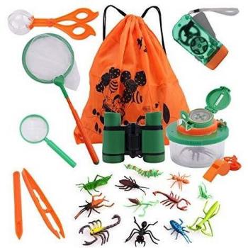 18pcs Kit Adventure–Prismáticos, Linterna a manivela, Vaso, Lente de Aumento, Silbato y Mochila con Cordón, Kit de Barco Explorador para Niños para Acampada y Senderismo