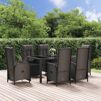 7-Piece Black and Grey Poly Rattan Garden Dining Set with Cushions
