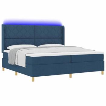 Cama tipo box spring con colchón y tiras LED azul 200 x 200 cm tela