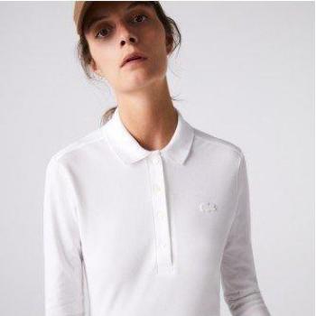 Polo Lacoste PF5464_001 blanco para mujer, slim fit, piqué elástico, manga larga