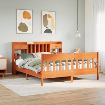 Cama sin colchón de madera maciza de pino marrón cera 200x200 cm