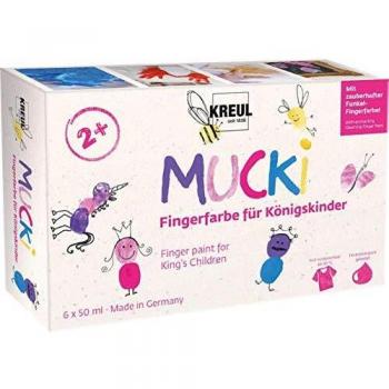 Kreul 23051 - Mucki Set de 6 x 50 ml de pinturas de dedo para niños Pintura vegana sin parabenos, gluten ni lactosa Lavable y aplicable con el dedo y el pincel