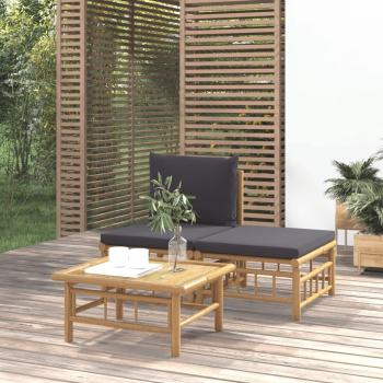 3-Piece Dark Grey Bamboo Garden Lounge Set with Cushions