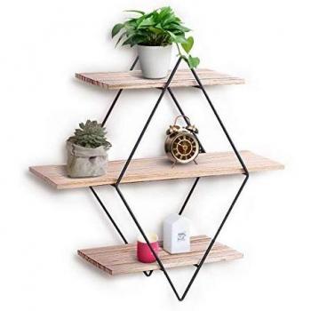 KING DO WAY Estantería de Pared Rombo Acero Inoxidable, Baldas Flotantes con 3 tabelettes Madera, Decorativa Retro Almacenaje/Salón/Dormitorio/Cocina/Café, 50 x 50 x 19 cm
