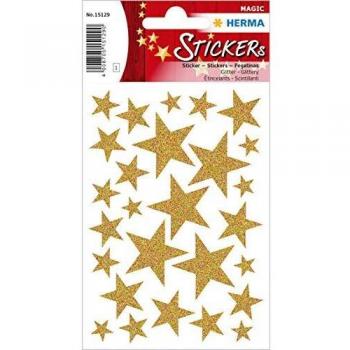 Etiquetas Decorativas HERMA Magic Estrellas Doradas Glitter, 27 Piezas, 84x120 mm, Ideal para Regalos y Decoración Navideña