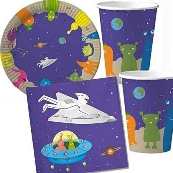 37 piezas Set de fiesta * * espacial con platos vasos y servilletas de papel + Globos para cumpleaños infantiles//taza comer cartón Plato para fiestas Decoración desechables Niños Cumpleaños Fiesta temática decorativa Alien Space UFO