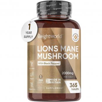 Suplemento de Melena de León 2000 mg - 365 comprimidos veganos con Pimienta Negra - Mejora tu Memoria y Concentración - Extracto de Hongo con 50% de Polifenoles