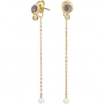 Pendientes largos de plata con chapado en oro con piedra luna iolita y perla blanca.