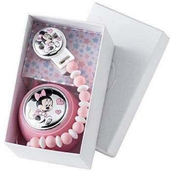 Disney Baby - Minnie Mouse - Clip para chupete con cadena de cuentas - Bolitas de colores hechas con silicona de calidad alimentaria para los dientes del bebé - Detalles en plata