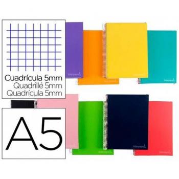 Cuaderno Espiral Liderpapel A5 Micro Jolly Tapa Forrada 140 Hojas 75 g/m² Cuadrícula 5mm 5 Bandas Colores Surtidos con 6 Taladros