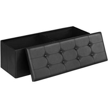 SONGMICS Puff Almancenaje, Banco Almacenaje, Capacidad de 120 L, Capacidad de Carga 300 kg, Tapizado PVC, Acolchado, para Sala de Estar, Dormitorio, Entrada, Negro LSF701