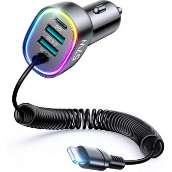 Cargador de coche rápido 4 en 1 Joyroom 57W PD, QC3.0, AFC, FCP con cable Lightning de 1,6 m