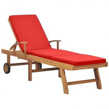 Red Solid Teak Wood Sun Lounger with Cushion