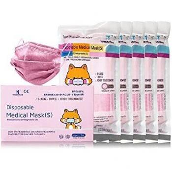 Mascarilla Quirúrgica Desechable Homologada Para Niños, 50 Unidades, Rosa Pastel, CE, BFE ≥98%, EN 14683:2019+AC:2019 Type IIR