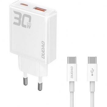 Cargador de pared GaN 30W con doble puerto USB-A y USB-C, incluye cable USB-C - Blanco