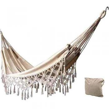 KEREITH Hamaca de Jardín Hamaca Colgante Doble de Algodón con Flecos para Colgar clásica de macramé, Cama Plegable para Acampar, Playa, Patio, Dormitorio, Patio, Porche
