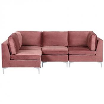 Sofá Modular Esquinero Derecho de Terciopelo Rosa 4 Plazas con Patas de Metal Plateado Evja
