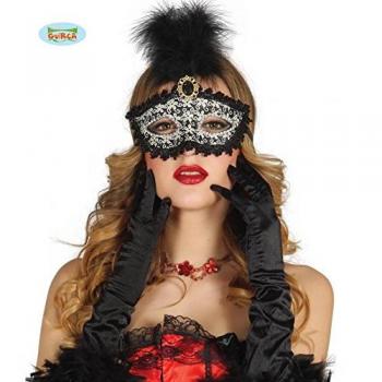Elegante Antifaz Negro Estilo Veneciano Adornado con Pluma