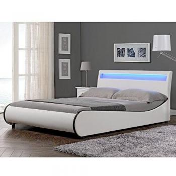 Cama Doble Tapizada en Piel Sintética con Iluminación LED - 180x200cm (Blanco)