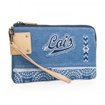 LOIS - 91809 Neceser, bolsa de aseo. Doble cierre cremallera. Asa lateral y bolsillo interior con cremallera. Lona Denim y piel sintética. Acolchado y bordado., Color Azul