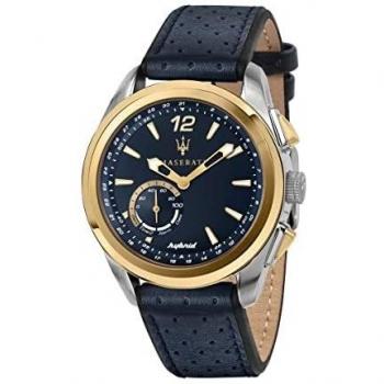 Maserati Traguardo Hybrid Smartwatch R8851112002 - Men's Watch, Black, Blue Leather Strap, One Size, Stainless Steel with Yellow Gold PVD