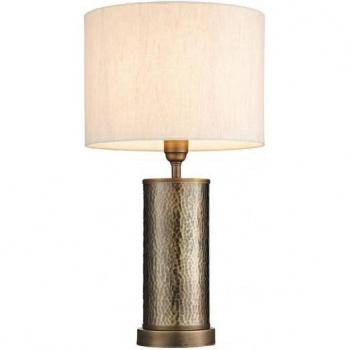 Lámpara de mesa Indara 1 luz bronce envejecido con pantalla E27 y placa de bronce martillado envejecido