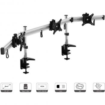 HFTEK Soporte para 3 tres monitores de escritorio para pantalla de 15 - 27 con VESA 75/100