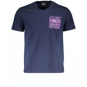Plein Sport Blue Cotton V-Neck T-Shirt with Print - Size L