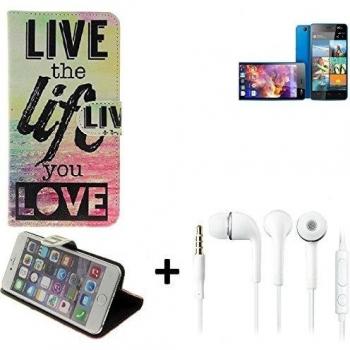 360° Funda Smartphone para Wiko Highway Signs, 'live the life you love' + auriculares | Wallet case flip cover caja bolsa Caso Monedero BookStyle - K-S-Trade