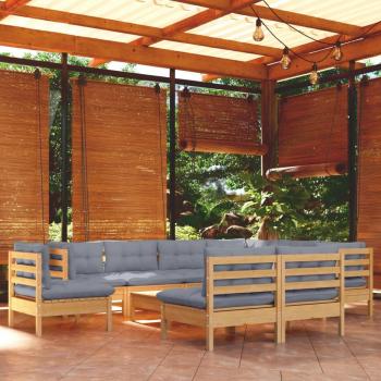 10-Piece Solid Pinewood Garden Lounge Set with Gray Cushions
