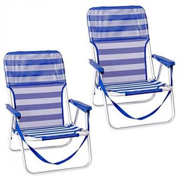 Pack de 2 Sillas de Playa Fijas Plegables Azul y Blanco - Aluminio y Textileno, Asiento Bajo (54x40x71 cm)
