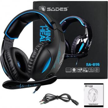 Gaming Headset Para PS4 New Xbox One PC Controlador, Sades SA816 Over-Ear Surround Sonido Auriculares Pro Gaming Auriculares con micrófono Volumen 3.5 mm Negro Azul