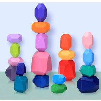 Piedras de Equilibrio en Madera para Niños , 20 Piezas Juguetes de Apilamiento de Piedras de Colores, Bloques de Construcción Montessori para Niño Niña Juguete Educativo & Decoración del Hogar