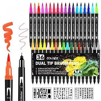Qhui Rotuladores Lettering 36 Colores y 3 Plantillas Rotuladores Punta Pincel Rotuladores Acuarelables Doble Punta para Acuarelas Dibujos y Caligrafía Cómics
