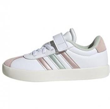 Zapatillas Adidas VL Court 3.0 Kids Blancas con detalles en Verde y Rosa, Diseño inspirado en Samba, Talla 33