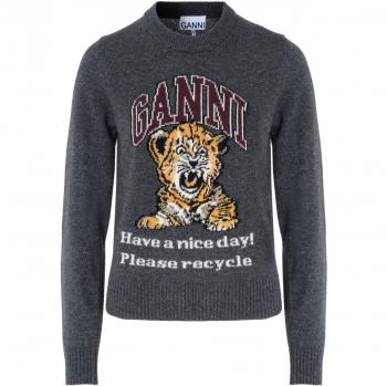 Ganni Women's Grey Tiger Graphic Wool Crewneck Sweater Size M