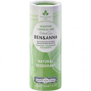 BEN&ANNA Sensitive Lemon & Lime Deodorant Stick 40 g - Natural, vegan, aluminum-free, biodegradable packaging, cruelty-free, suitable for sensitive skin, refreshing citrus scent