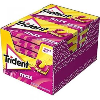 Trident Max Raspberry Lemon- Chicles sin Azúcar con Sabor a Frambuesa y Limón- Paquete de 12 Envases de 23 g