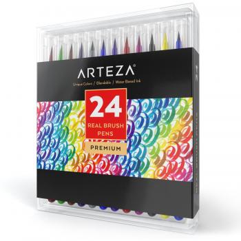 Arteza Caja de 24 rotuladores con punta de pincel | Rotuladores acuarelables profesionales para dibujar y colorear | 100% no tóxicos | Múltiples colores | Puntas flexibles