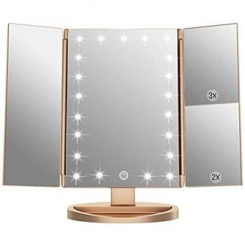WEILY Espejo de Maquillaje ,1x / 2X / 3X Espejo de Maquillaje de Tres Pliegues con 21 Luces LED y Pantalla táctil Ajustable Espejo Iluminado Tocador Espejos cosméticos de encimera