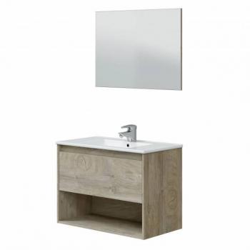 Mueble baño Cotton Suspendido con Espejo 80 cm, Lavamanos opcional, Roble Alaska, dimensiones 80 x 59 x 45 cm