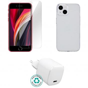 Kit Accesorios eSTUFF para iPhone SE (3ra generación) - Cargador, Funda Transparente y Cristal Templado