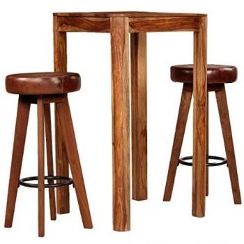 vidaXL Set Muebles de Bar 3 Piezas Madera Maciza Sheesham Cuero Genuino Pub