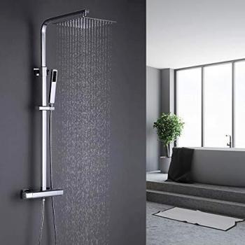ONECE Columna de Ducha, con Grifo Termostática 40℃, Sistema de Ducha Barra Altura Ajustable 818-1214mm, Conjunto de Ducha con 10'' Ducha de Lluvia Ultradelgado Acero Inoxidable, Ducha de Mano de Latón