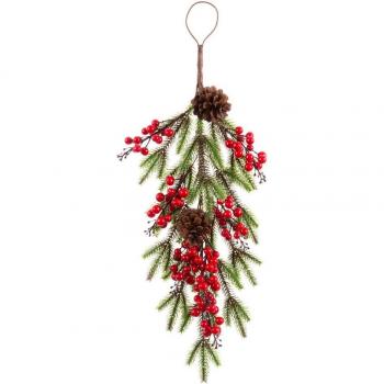 Colgador de Puerta Navideño Rojo Multicolor de Plástico Foam 60 cm con Acebo y Piñas