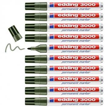 Rotulador Permanente Edding 3000 Verde Oliva - 10 Unidades - Punta Redonda 1,5-3 mm - Indeleble, Secado Rápido, Resistente al Agua y a los Borrones